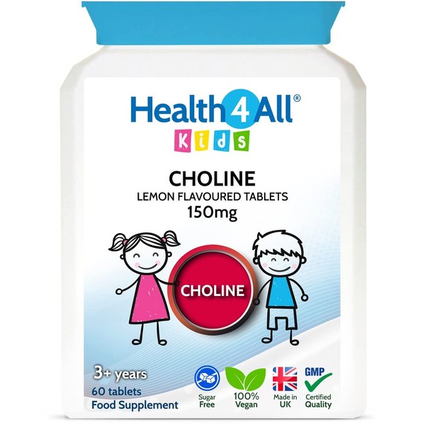 Kids Choline 150mg Chewable 60 Tablets Vegan Children's Supplement to Support Memory and Learning. Made in The UK by Health4All