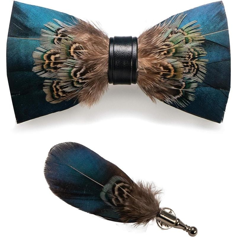 Handmade Feather Pre-tied Bow tie and Brooch Sets for Men