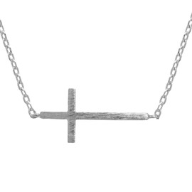Spinningdaisy Handcrafted Brushed Metal Sideway Cross Necklace Silver