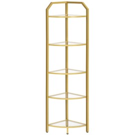 HOOBRO 5-Tier Corner Shelf Stand, Gold Corner Bookshelf, Tempered Glass Shelves, Bathroom Organizer, Corner Plant Stand, for Living Room, Study, Balcony, Home Office, Modern Style, Gold GD15CJ01
