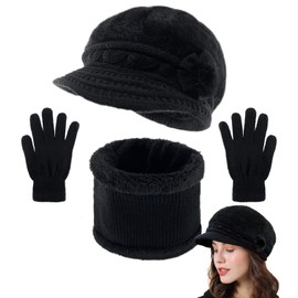 Joligiao 3 Pieces Hat Scarf and Gloves Set Winter Warm Women Slouchy Knitted Flower Beanie Caps with Visor Fleece Hats and Neck Warmer Scarf with Gloves