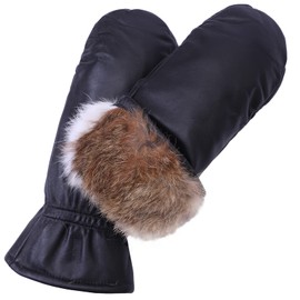 NOVBJECT Women Leather Mittens Finger Rabbit fur Lining Winter Sheepskin Soft and Warm, Black, L