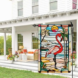 Welcome Summer Garden Flag Spring Summer Flamingo Garden Flag Stained Glass Style Vertical Double Sided Rustic Farmland Burlap Yard Lawn Outdoor Decor 12.5x18"
