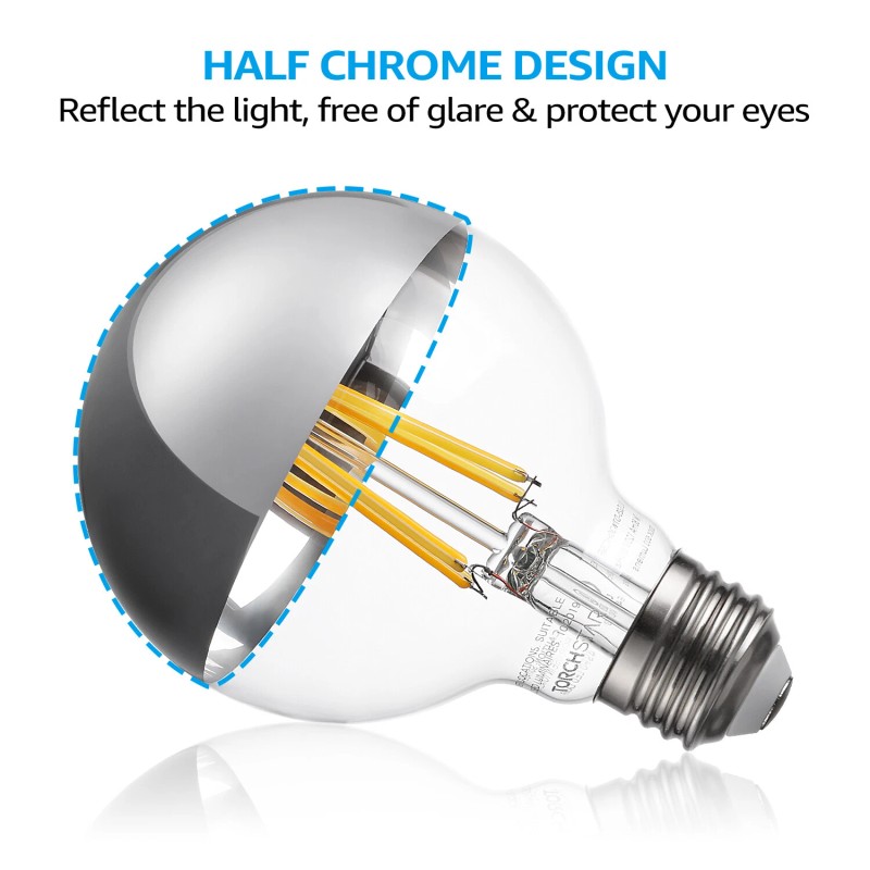 TorchStar 7W Dimmable G25 Half Chrome LED Light Bulb, UL