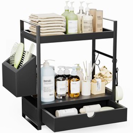 Aollewoiti 2-Tier Bathroom Counter Organizer with Drawer and Basket, Wood Countertop Organizer for Storage, Skincare Organizers for Vanity, Counter Shelf for Bathroom Organization, Black