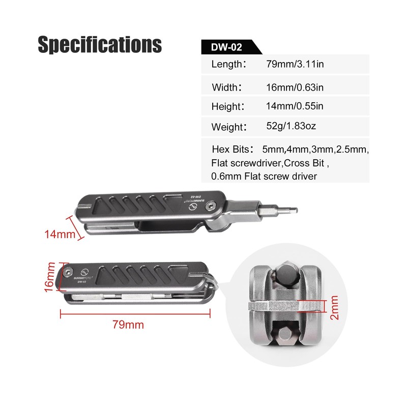 SUNWAYFOTO DW-02+ Folding Tool Set with Hex Key Wrenches Stainless
