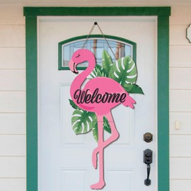 Menkxi 27.5 Inch Tall Flamingo Welcome Door Sign Large Summer Flamingo Decorations Hawaiian Themed Wall Art Hanging Wood Flamingo Door Decor Summer Sign for Farmhouse Home Wall Holiday Decoration