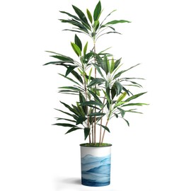SIGNWIN Artificial Tree in Ocean Wave Pattern Planter, Fake Dracaena Tree Silk Tree for Indoor and Outdoor Home Decoration - 57" Overall Tall (Plant Pot Plus Tree)