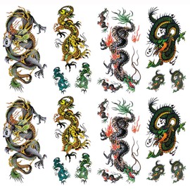 Yesallwas Tattoo Stickers, Dragon, Realistic Tattoo Stickers, Body Stickers, Long Lasting, Waterproof, Men's, Easy to Apply to Arms, Legs, Body, Chest, Shoulder, Back, E: Set of 8 (3.5 x 7.5 inches (9 x 19 cm))