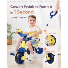 KRIDDO 2 in 1 Kids Tricycles Age 18 Month to 3 Years, EVA Wheels Upgraded Trikes Gift for Toddlers 2 to 3 Year Old with Push Handle and Duck Bell, Blue