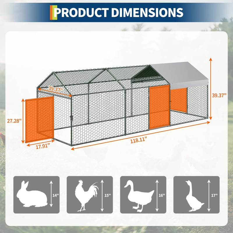 COOLYI Large Metal Chicken Coop, Walk-in Chicken Run with Waterproof