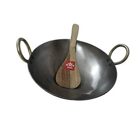 BRRL Pure Iron Kadai Lokhand Loha Kadhai Large Heavy Wok Cooking Pan 13inch with Wooden Karchi, Black