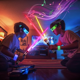 SANCO Light Up Sabers Set for Kids - 4 Pack 7 Colors Retractable Power Swords with FX Sound(Motion Sensitive), 2PCS LED Glasses & Wristbands, Glowing Toys for Christmas, Birthday Gift for Boys & Girls
