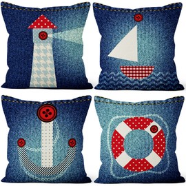 Aoihrraan 22 x 22 Inch Nautical Sailing Cushion Covers Denim Texture Navy Blue Lighthouse Sailboat Anchor Square Linen Throw Pillow Covers Boy Bedroom Indoor Outdoor Sofa Couch, 56x56cm Set of 4