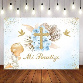 Avezano Mi Bautizo Backdrop Boho Baptism Party Decorations for Boy Blue Floral Angel God Bless Photography Background Christening Newborn Baby Shower Props(7x5ft)