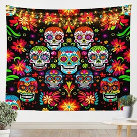 Feelyou Floral Skull Wall Tapestry Sugar Skull Tapestry Wall Hanging for Kids Boys Girls Skull Bones Tapestry Floral Print Wall Art for Bedroom Living Room,Small 51x59 Inches
