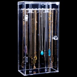 Acrylic Necklace Holder Stand,Clear Necklace Organizer with 24 Hooks,Dustproof Rotation Jewelry Storage Holder,Enclosed Long Necklaces Display Rack Pendant Bracelets Display Case Jewelry Display Box