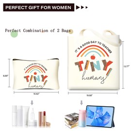 DDOFAH 2PCS Teacher Appreciation Gifts School Canvas Tote Bags with Makeup Bag, Aesthetic Travel Beach Bag Reusable Grocery Shopping Bag