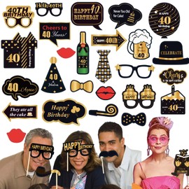 32 Pieces Black Gold Birthday Photo Props 40th Birthday Photo Box Accessories with Stick Gold and Black Photo Party Favors Funny Photo Booth Props for Birthday Party Decoration