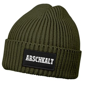 MoonWorks® Men's Beanie with Patch Knitted Hat with Saying "Arschkalt Print" Funny Hat Men, olive