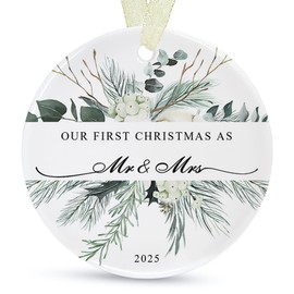 First Christmas as Mr and Mrs Ornament 2025,1st Year Wedding Ornament for Newlywed,Our First Married Christmas Ornament,Ceramic Hanging Decoration for Couples Just Married with Gift Box&Ribbon 2.9"