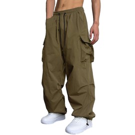 GUDEUBAI Men's Casual Cargo Pants Elastic Waist Drawstring Street Hip Hop Trousers with Pockets (38, Olive)
