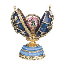 danila-souvenirs Russian Faberge Style Egg Spring Flowers with Basket of Flowers 3.4'' Blue