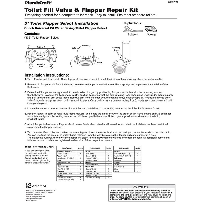 PlumbCraft Universal Toilet Fill Valve and Flapper Repair Kit 7029700,