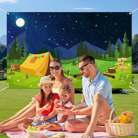 Mocsicka Camping Backdrop Happy Camper Birthday Party Banner Forest Scene Camping Party Decorations for Camping Photography Background (Green, 70.8x43.3 inch)