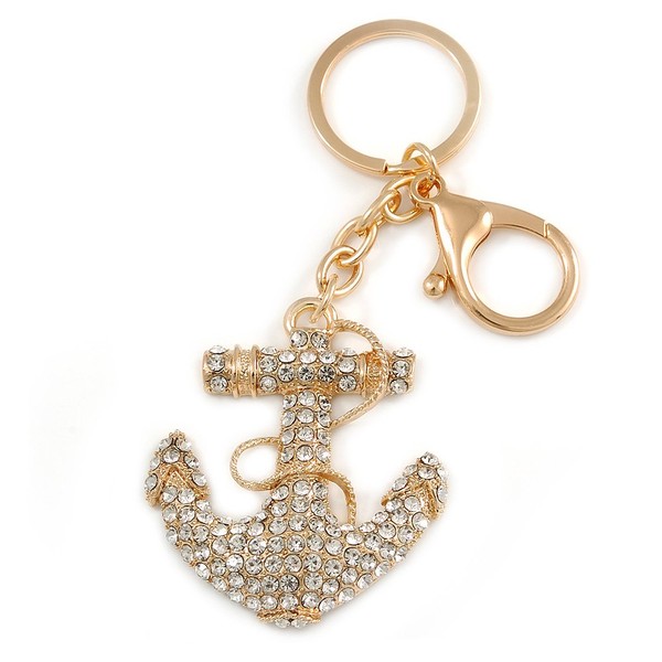 Avalaya Clear Crystal Anchor Keyring/Bag Charm In Gold Tone -