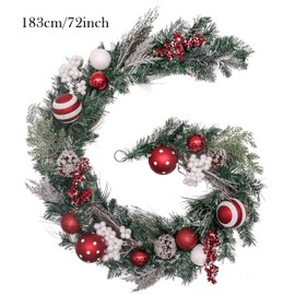 Valery Madelyn Pre-Lit 6 Feet Traditional Red White Christmas Garland with Ball Ornaments, Berries and Pine Cones, Battery Operated 20 LED Lights