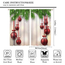 Christmas Blackout Window Curtains, Xmas Traditional Winter Season Theme Fir Twigs and Red Vibrant Balls Graphic Print Window Drapes, For Christmas Living Room Bedroom Decors 21(W)*45(L) 2 Panels