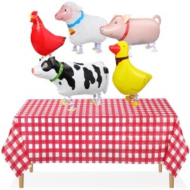 VioraWhite 6pcs Farm Theme Party Supplies Includes Walking Animal Balloons White and Red Checkered Tablecloth Chicken Cattle Raise Pig Duck Sheep Inflatable Balloons Decorations for Birthday