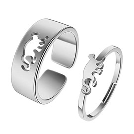 QIAMNI Cute Monkey Matching Promise Rings for Couples Gold Silver Color Adjustable Engagement Wedding Ring Band Sets for Him and Her Stainless Steel High Polished Comfort Fit (#11)