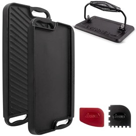 Cuisinel Cast Iron Griddle/Grill + Burger Press + Pan Scrapers - Reversible Pre-Seasoned 20" X 10" Dual Handle Flat Skillet + Griller Pan + Cleaning Accessories - Use Indoor/Outdoor Stove Burner, Gas