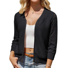 GRACE KARIN Women's V-Neck Short Cardigan Lace Patchwork 3/4 Sleeve Cardigan Zip Knitwear, black