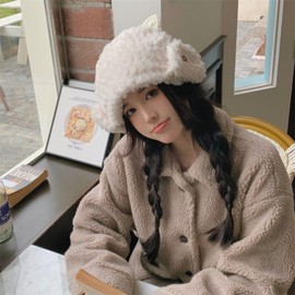 Wayolyn Fuzzy Hat Sheep Horn Beanie Fluffy Beanies Y2k Accessories Winter Hats Warm Ear Flap Cute Lamb Knitted Cap (White,HC:22-24(in),Medium)