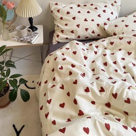 Michorinee Red and White Heart Single Duvet Cover Set Aesthetic Red Love Heart Bedding Set Microfiber Quilt Cover 135x200 cm Zipper Closure with Pillowcase 50x75 cm