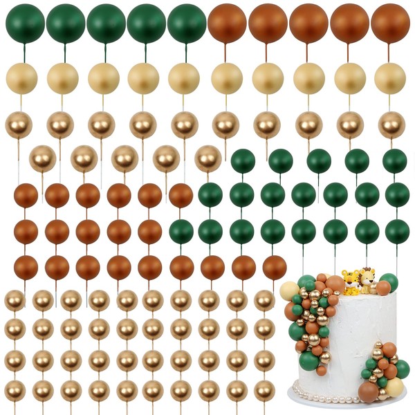 Acmee - 115 decoraciones para tartas de bolas, mini globos para decoración de tartas, bola de espuma, púas para cupcakes, decoración de tartas para fiestas de cumpleaños, bodas, baby shower (verde, café, dorado)