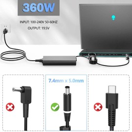 360W GaN Charger for Dell Aliemware M18 X16 M16 X17 R2 LA360PM230 0Y7YW7 07TMR6 0NN34T RTX 4080 4090 Gaming Laptop AC Power Supply Adapter