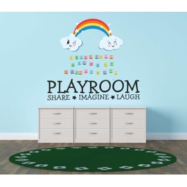 Kids Playroom - Educational Vinyl Art Decoration Rainbow Clouds Multicolored Alphabet Letter Cubes Design Playroom Share Imagine Laugh Lettering Art Wall Decal Sticker 20" X 18"
