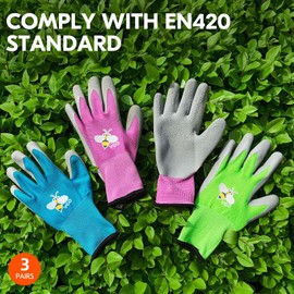 Vgo 3-Pares de Guantes de Jardinería con Revestimiento de Látex de Espuma Natural para Niños para Trabajo Ligeros, Actividad al Aire Libre (XS/ECH - Edad 3-5, Verde, Azul y Rosa, KID-RB6013)