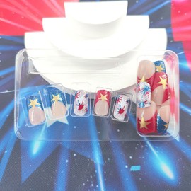 4th of July Press on Nails Medium Square Fake Nails Red Blue French Tip Glue on Nails with Glitter Gold Star Design White False Nails Independence Nails Press ons Nude Stick on Nails for Women 24Pcs
