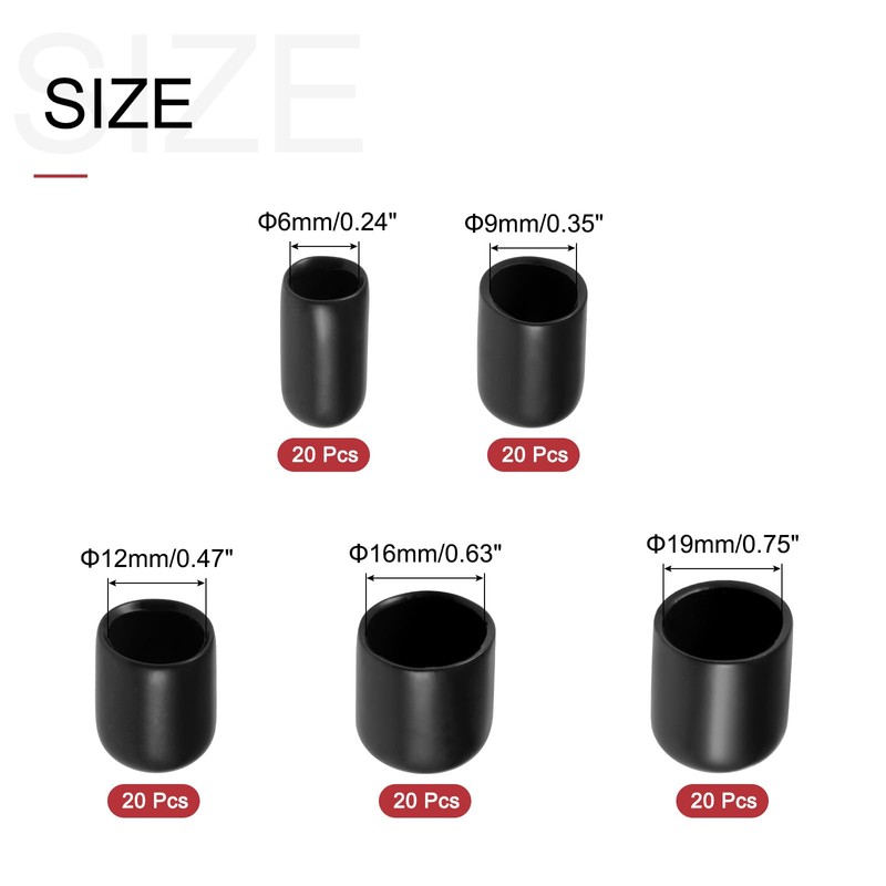 sourcing map 100pcs Round Rubber End Caps 6mm 9mm 12mm