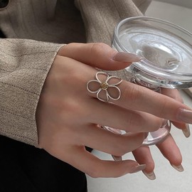 AIETUE Chunky Thumb Rings For Women, Minimalist Big Hollow Flower Curve Geometry Adjustable Non Tarnish Stainless Steel Jewelry Gift, Stainless Steel, No Gemstone