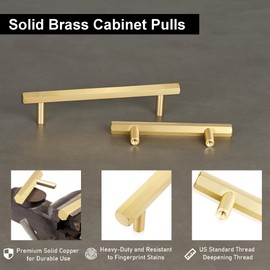 QOGRISUN 5-Pack Solid Brass Cabinet Pulls Hexagon Drawer Handles, 3-3/4-Inch Hole Center, Suitable for Kitchen Bathroom Dresser Cupboard Hardware, 5.3-Inch Total Length, Brushed Finish