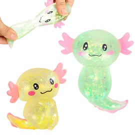 RHQFDM 2 Pieces Axolotl Toy, Axolotl Stress Toy, Squeeze Toy for Children and Adults, Anti-Stress Axolotl Toy, Stress Relief Squishy Ball, Squee Toy for Party (Green + Yellow)