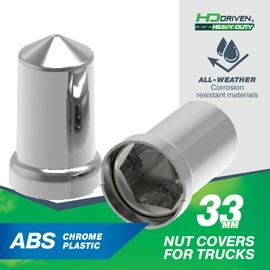 HD Driven 33mm Nut Cover Plastic Cone Tall Push On, 10/cd – Wheel Lug Nut Covers for Semi-Trucks, Rustproof ABS Chrome Plastic, Universal Fit, Easy Snap-On Installation