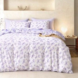 Wake In Cloud - Cottagecore Duvet Cover Set, Floral Vintage Flower Shabby Chic Coquette Aesthetic for Women Teen Girls, Soft Lightweight Bedding, 3-Piece, Lilac, Twin/Twin XL Size