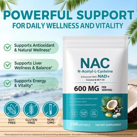 NAC N-Acetyl-Cysteine 600mg, 300 Softgels NAC Supplement with NAD+ & MCT Oil | N-Acetyl Cysteine with Coconut Oil Vegetarian Capsules for Antioxidant Supports Liver & Energy Non-GMO Gluten Free